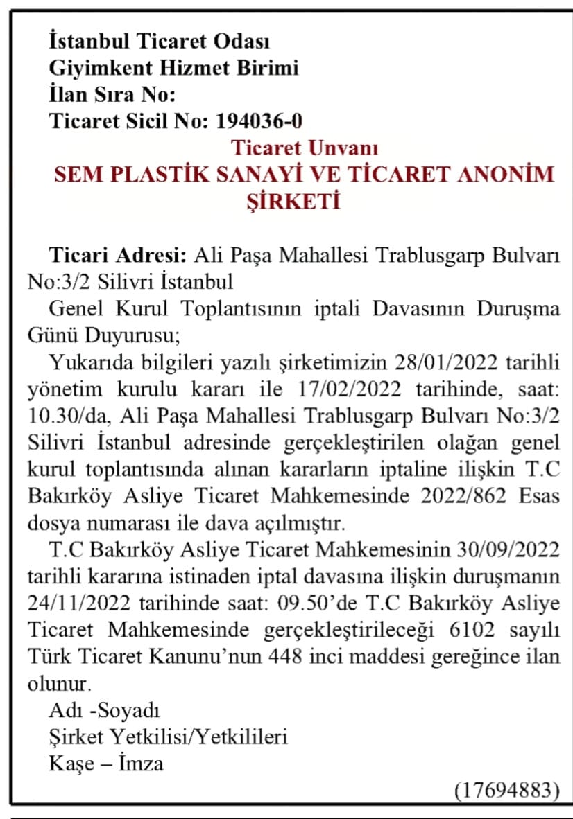 İstanbul Ticaret Odasını Ait İlan Yayını