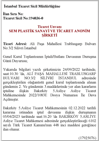 Ticaret sicil 30.12.2022 tarih 10737 sayılı gazetesi 1287.sayfasında ilan edilmiştir.