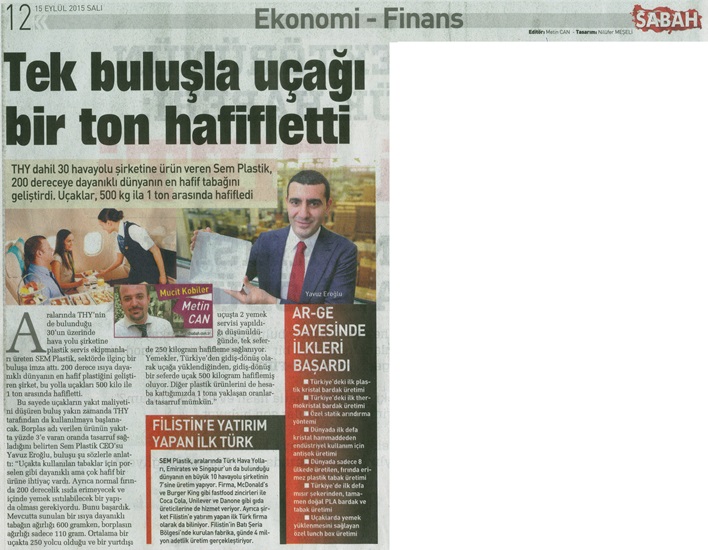 15.09.2015 Tarihli Sabah Gazetesinde Metin Can imzali haberde ürünümüz BORPLAS'tan bahsedildi. 