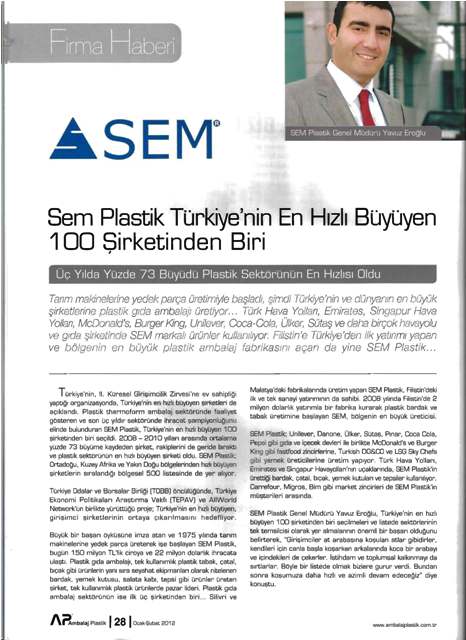 Ambalaj Plastik Dergisi Firmamızın Türkiye´nin Büyüyen ilk 100 Şirketinden biri Olmasını Haber Yaptı.
