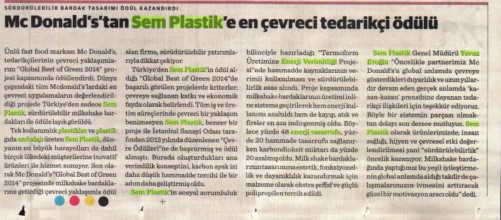 Mc Donalds’tan Sem Plastik’e en çevreci tedarikçi ödülü 