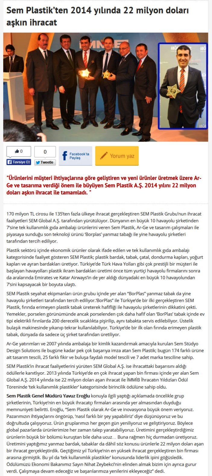 Sem Plastik’ten 2014 Yılında 22 Milyon Doları Aşkın İhracat
