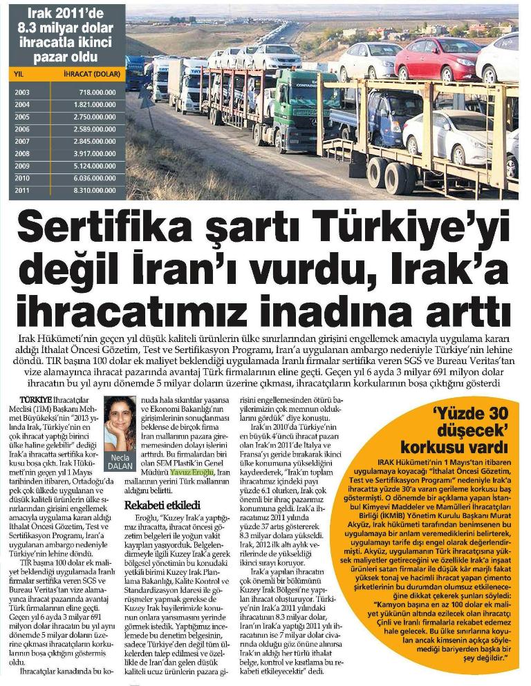 Yazılı basında “ Irak pazarında, Türkiye İran’in yerini alıyor ” haberinde firmamızın görüşlerine de yer verildi.